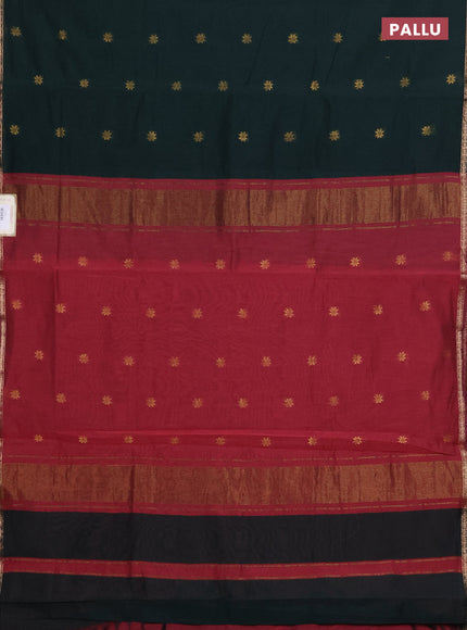 Semi maheswari cotton saree bottle green and maroon with zari woven buttas and small zari woven border