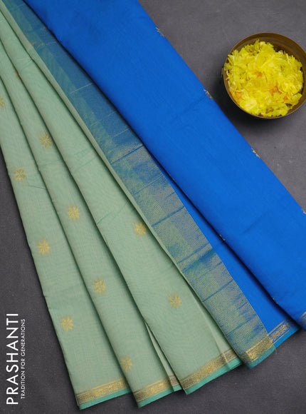 Semi maheswari cotton saree pastel green and cs blue with zari woven buttas and small zari woven border