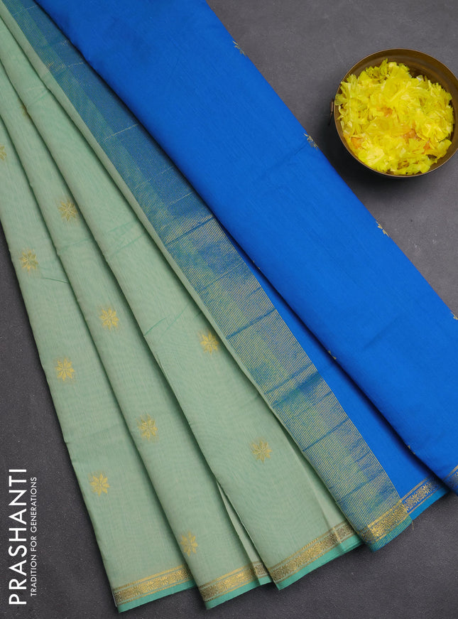 Semi maheswari cotton saree pastel green and cs blue with zari woven buttas and small zari woven border