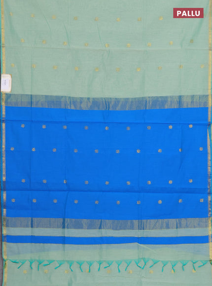 Semi maheswari cotton saree pastel green and cs blue with zari woven buttas and small zari woven border