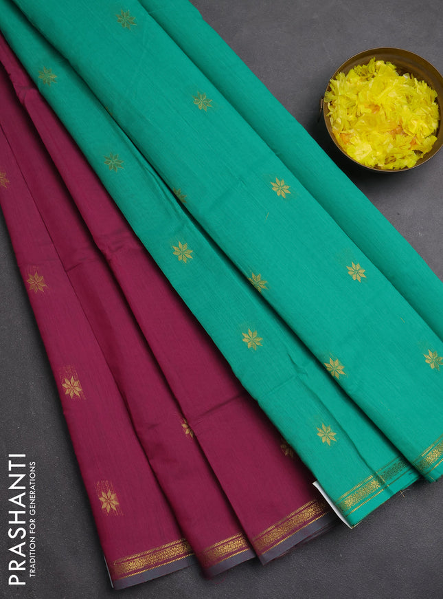 Semi maheswari cotton saree magenta pink and green with zari woven buttas and small zari woven border
