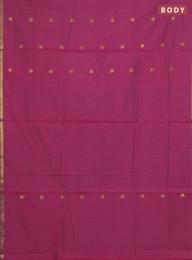 Semi maheswari cotton saree magenta pink and green with zari woven buttas and small zari woven border