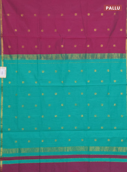 Semi maheswari cotton saree magenta pink and green with zari woven buttas and small zari woven border