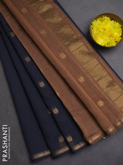Semi maheswari cotton saree elephant grey and dark sandal with zari woven buttas and small zari woven border
