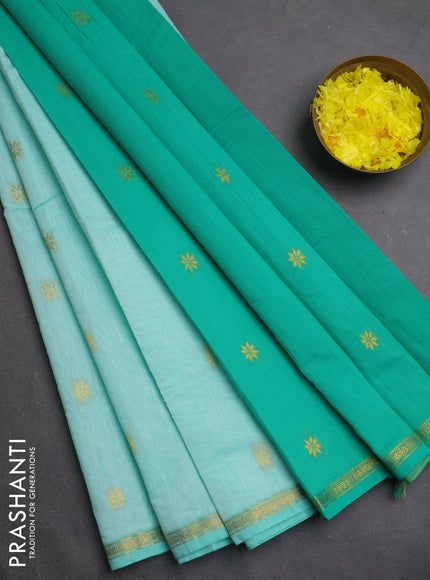 Semi maheswari cotton saree teal green and green with zari woven buttas and small zari woven border