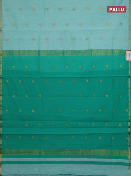 Semi maheswari cotton saree teal green and green with zari woven buttas and small zari woven border