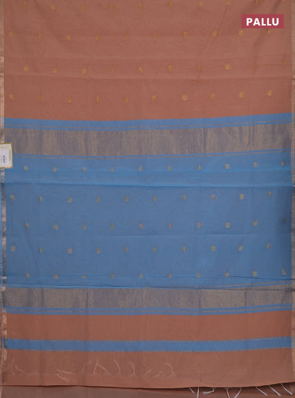 Semi maheswari cotton saree peach shade and teal blue with zari woven buttas and small zari woven border
