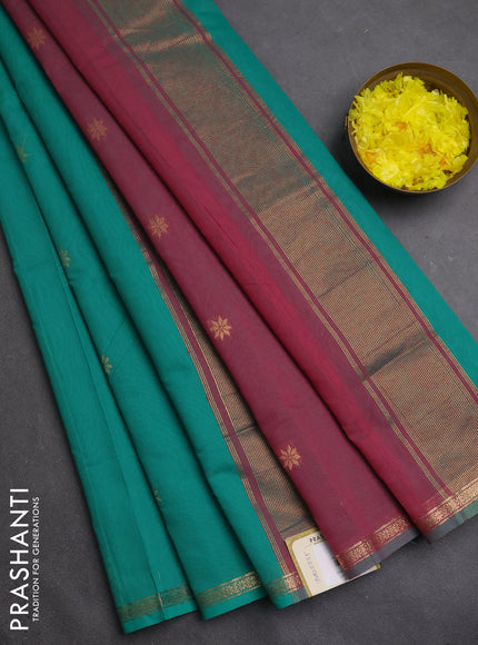 Semi maheswari cotton saree teal green and pink shade with zari woven buttas and small zari woven border