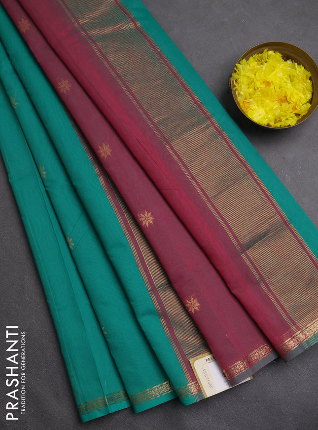 Semi maheswari cotton saree teal green and pink shade with zari woven buttas and small zari woven border