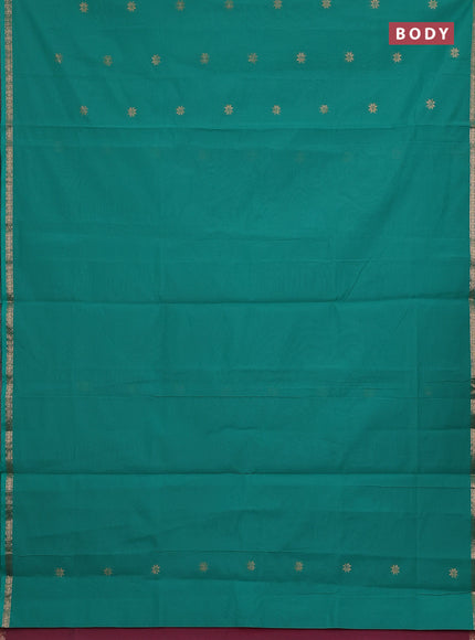 Semi maheswari cotton saree teal green and pink shade with zari woven buttas and small zari woven border