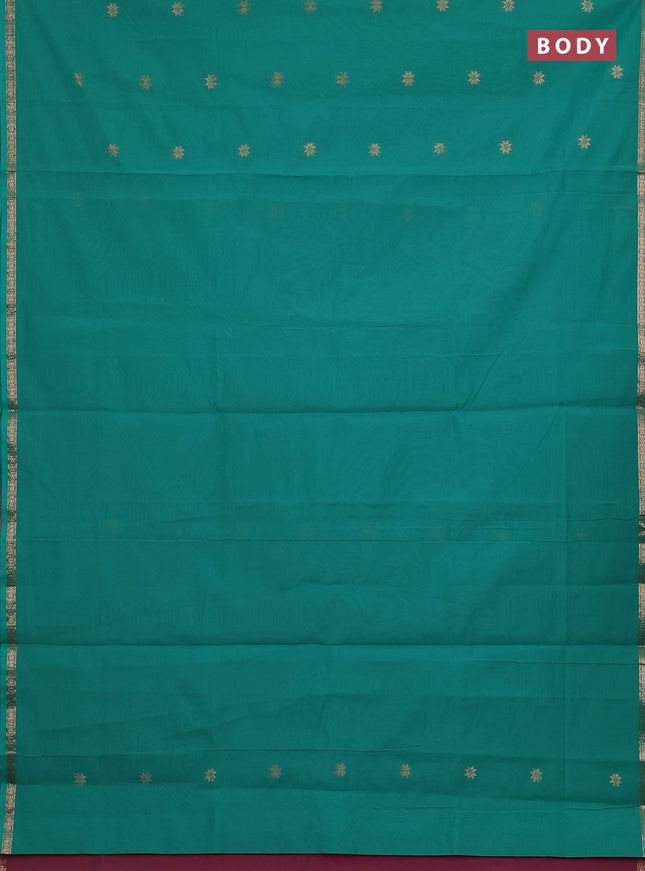 Semi maheswari cotton saree teal green and pink shade with zari woven buttas and small zari woven border