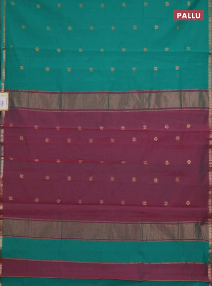 Semi maheswari cotton saree teal green and pink shade with zari woven buttas and small zari woven border