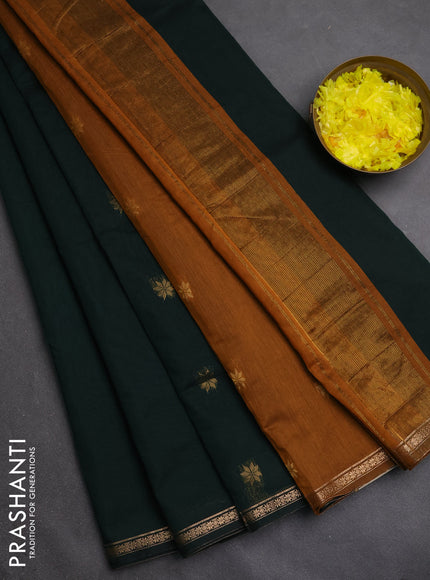 Semi maheswari cotton saree bottle green and dark mustard with zari woven buttas and small zari woven border