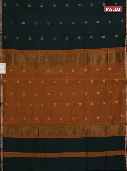 Semi maheswari cotton saree bottle green and dark mustard with zari woven buttas and small zari woven border