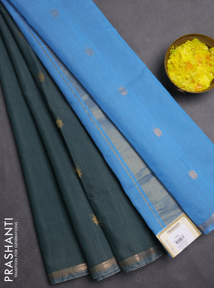 Semi maheswari cotton saree elephant grey and teal blue with zari woven buttas and small zari woven border