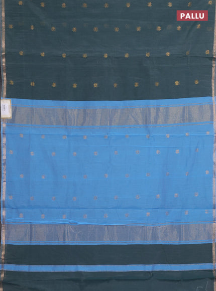Semi maheswari cotton saree elephant grey and teal blue with zari woven buttas and small zari woven border
