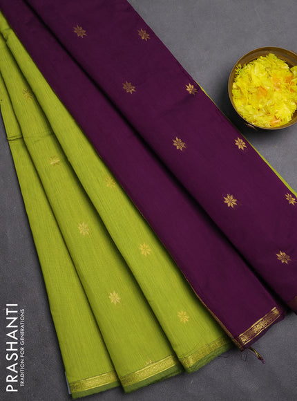 Semi maheswari cotton saree lime green and purple with zari woven buttas and small zari woven border