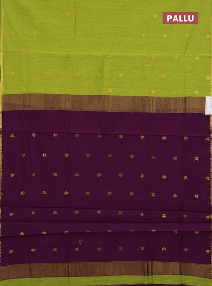 Semi maheswari cotton saree lime green and purple with zari woven buttas and small zari woven border