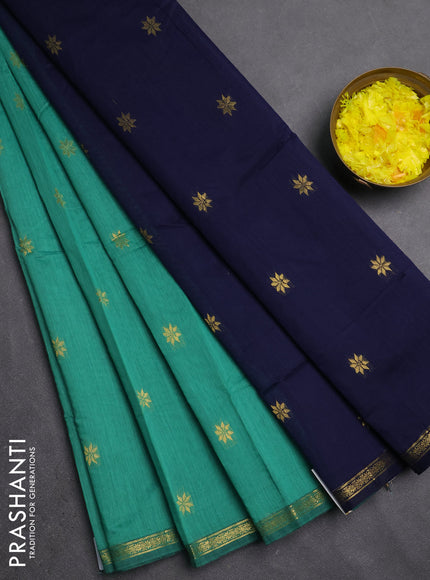 Semi maheswari cotton saree green and navy blue with zari woven buttas and small zari woven border