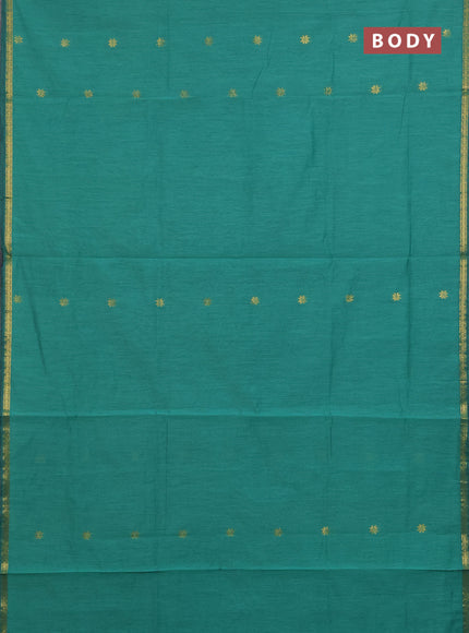 Semi maheswari cotton saree green and navy blue with zari woven buttas and small zari woven border