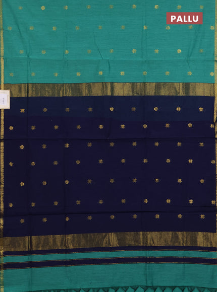 Semi maheswari cotton saree green and navy blue with zari woven buttas and small zari woven border