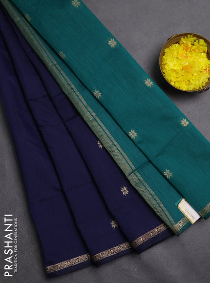 Semi maheswari cotton saree navy blue and peacock green with zari woven buttas and small zari woven border