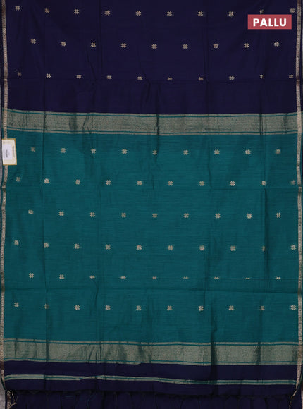 Semi maheswari cotton saree navy blue and peacock green with zari woven buttas and small zari woven border