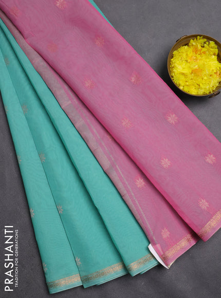 Semi maheswari cotton saree teal green and pink shade with zari woven buttas and small zari woven border