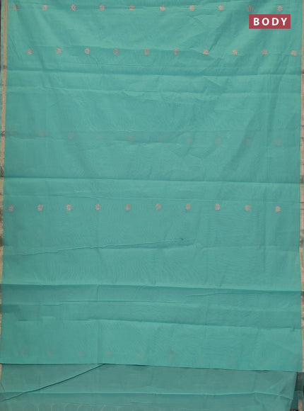 Semi maheswari cotton saree teal green and pink shade with zari woven buttas and small zari woven border