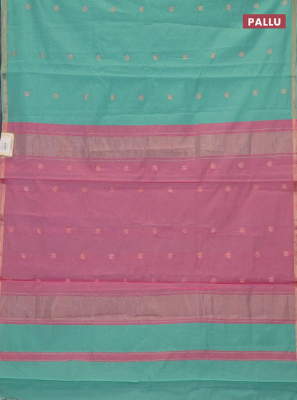 Semi maheswari cotton saree teal green and pink shade with zari woven buttas and small zari woven border