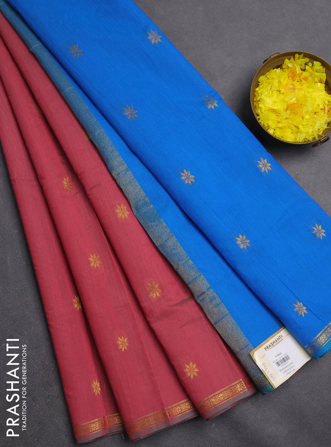 Semi maheswari cotton saree pink shade and cs blue with zari woven buttas and small zari woven border