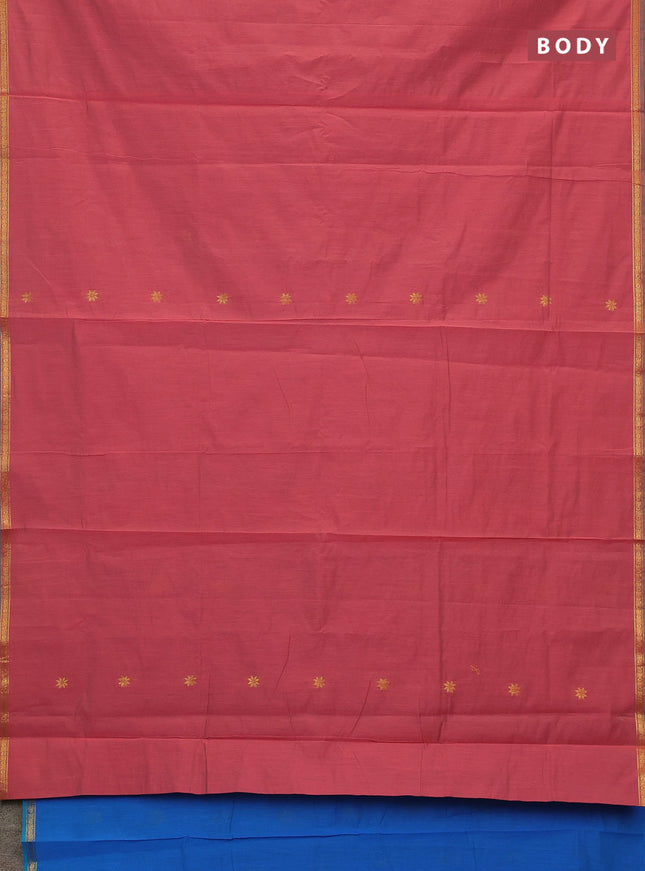 Semi maheswari cotton saree pink shade and cs blue with zari woven buttas and small zari woven border