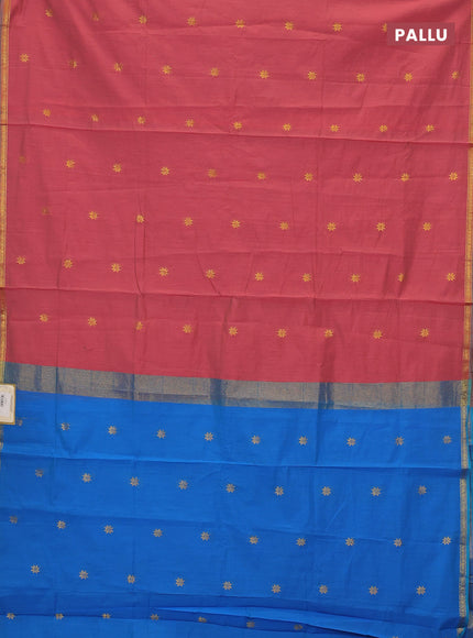 Semi maheswari cotton saree pink shade and cs blue with zari woven buttas and small zari woven border