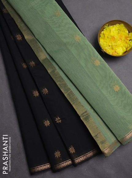 Semi maheswari cotton saree pastel green and black with zari woven buttas and small zari woven border