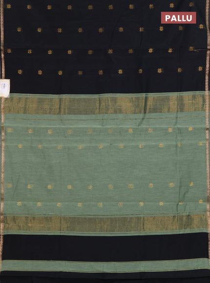 Semi maheswari cotton saree pastel green and black with zari woven buttas and small zari woven border