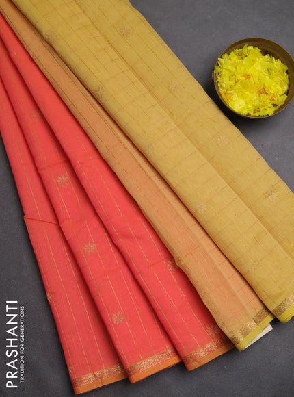 Semi maheswari cotton saree dual shade of orange and pale yellow with zari checks & buttas and small zari woven border