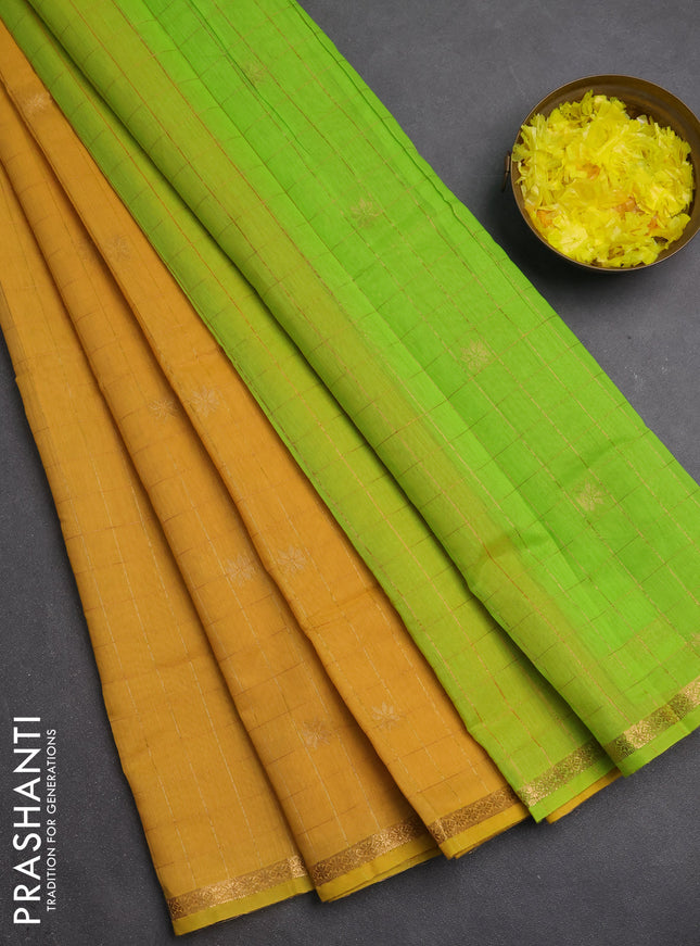 Semi maheswari cotton saree fluorescent green and mustard with zari checks & buttas and small zari woven border