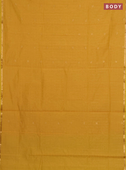 Semi maheswari cotton saree fluorescent green and mustard with zari checks & buttas and small zari woven border