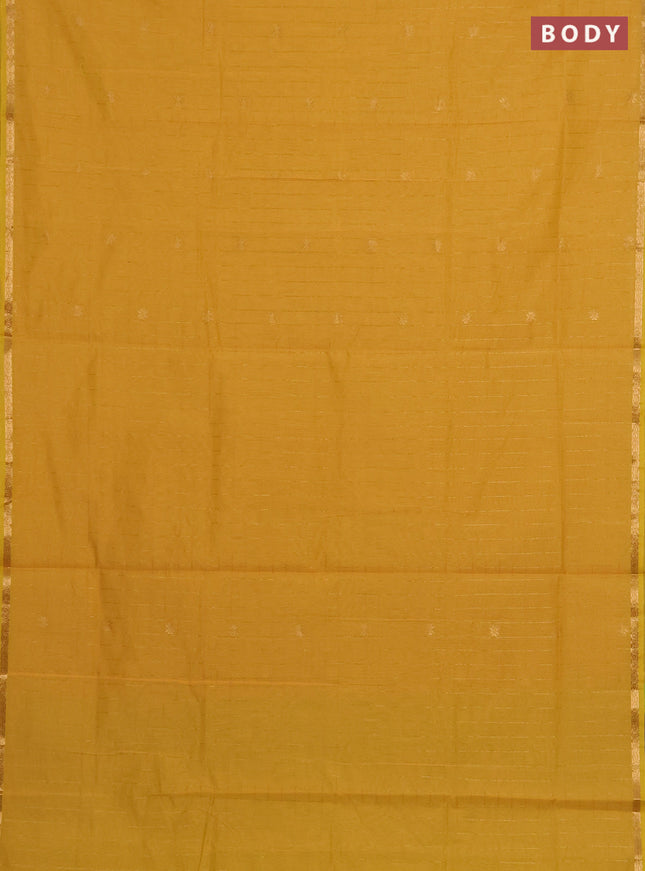 Semi maheswari cotton saree fluorescent green and mustard with zari checks & buttas and small zari woven border