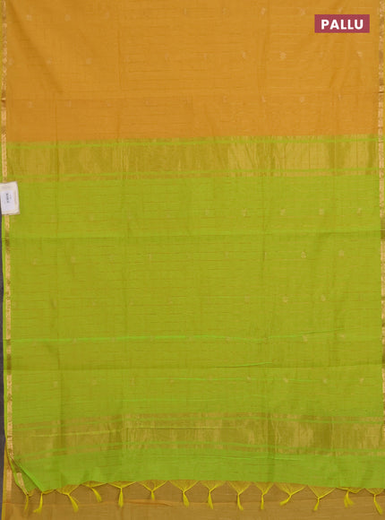 Semi maheswari cotton saree fluorescent green and mustard with zari checks & buttas and small zari woven border