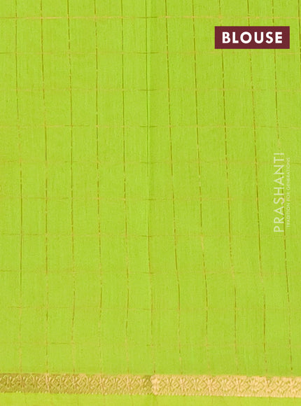 Semi maheswari cotton saree fluorescent green and mustard with zari checks & buttas and small zari woven border