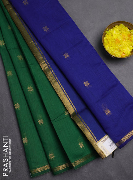 Semi maheswari cotton saree green and blue with zari woven buttas and small zari woven border