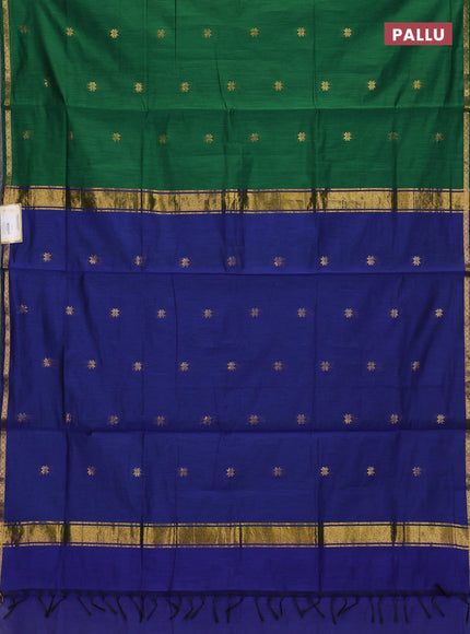 Semi maheswari cotton saree green and blue with zari woven buttas and small zari woven border