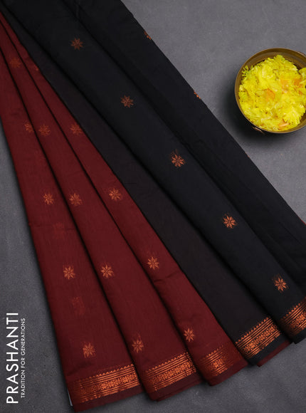 Semi maheswari cotton saree maroon and black with zari woven buttas and small zari woven border