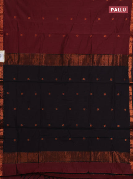Semi maheswari cotton saree maroon and black with zari woven buttas and small zari woven border