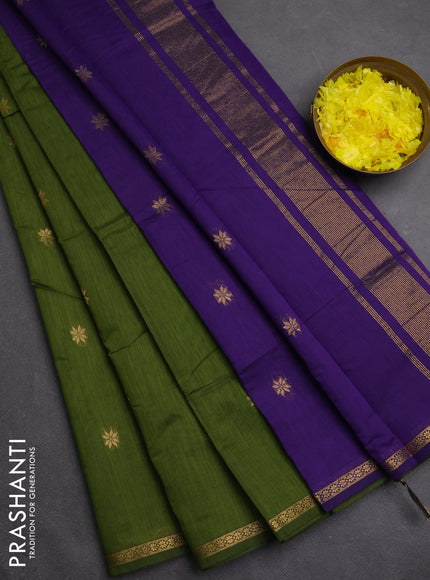 Semi maheswari cotton saree green and violet with zari woven buttas and small zari woven border