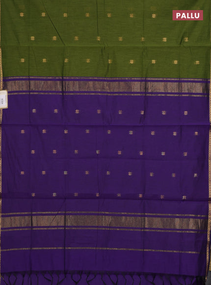 Semi maheswari cotton saree green and violet with zari woven buttas and small zari woven border