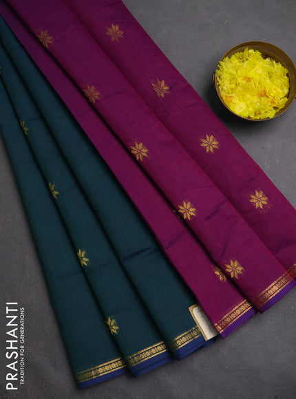Semi maheswari cotton saree peacock green and purple with zari woven buttas and small zari woven border