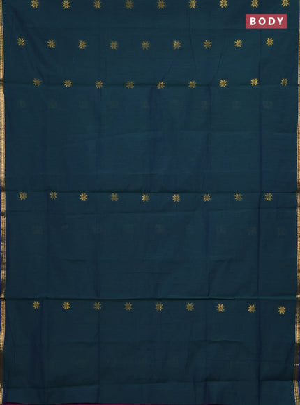 Semi maheswari cotton saree peacock green and purple with zari woven buttas and small zari woven border