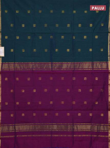 Semi maheswari cotton saree peacock green and purple with zari woven buttas and small zari woven border